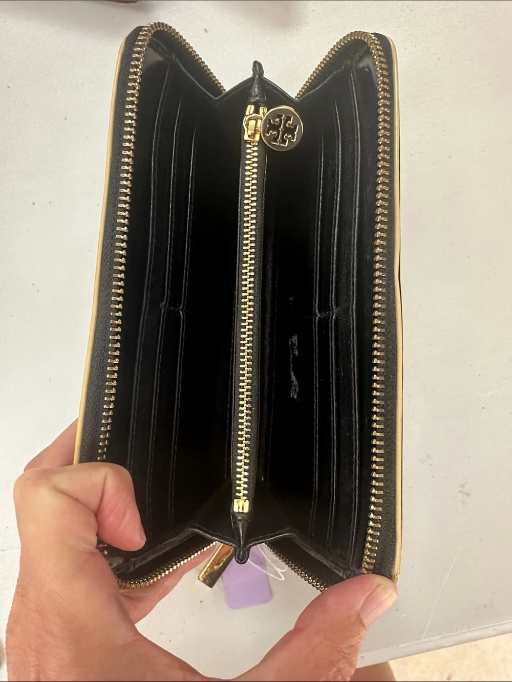 Tory Burch Black Patent Zip Wallet with Gold Logo